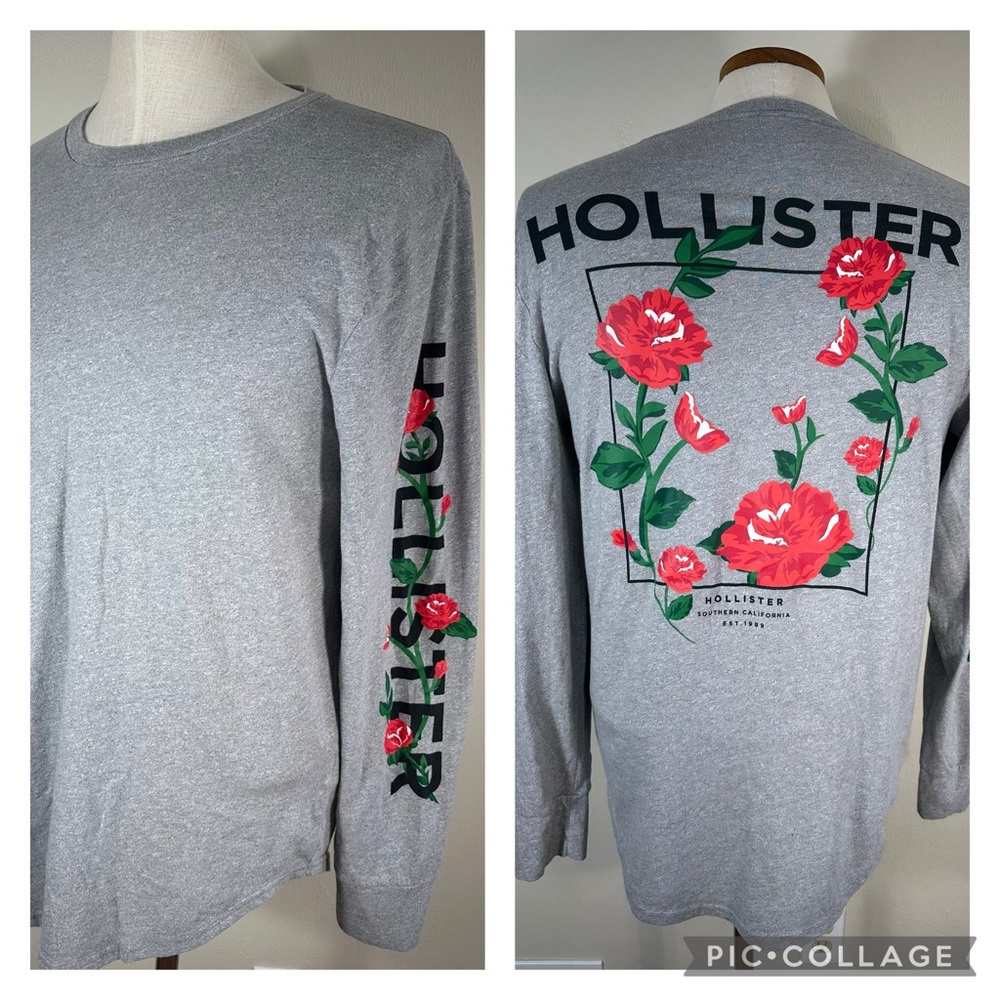 Hollister XL Rose California Graphic Shirt Long Sleeve Crew Grey Nightdress PJs